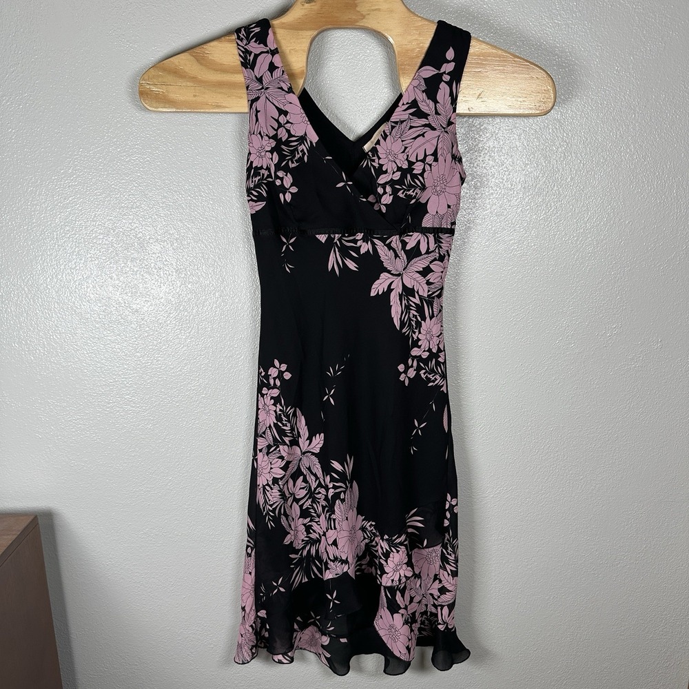 Forever 21 Vtg 90s Y2k Black Pink Floral Flower Tank V-Neck Chiffon Dress Medium